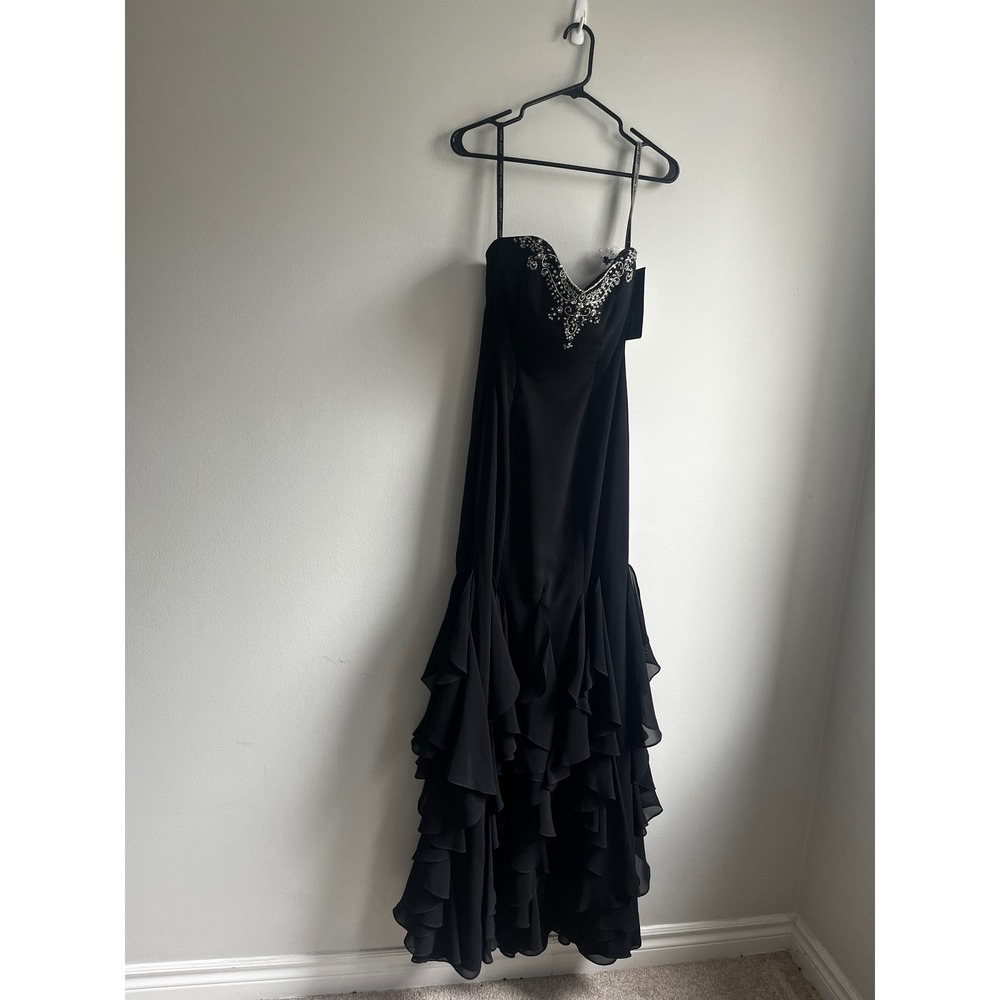 Alfred Angelo Sapphire Black Chiffon Beaded Ruffle Mermaid Evening Gown Size 4 - Picture 5 of 16